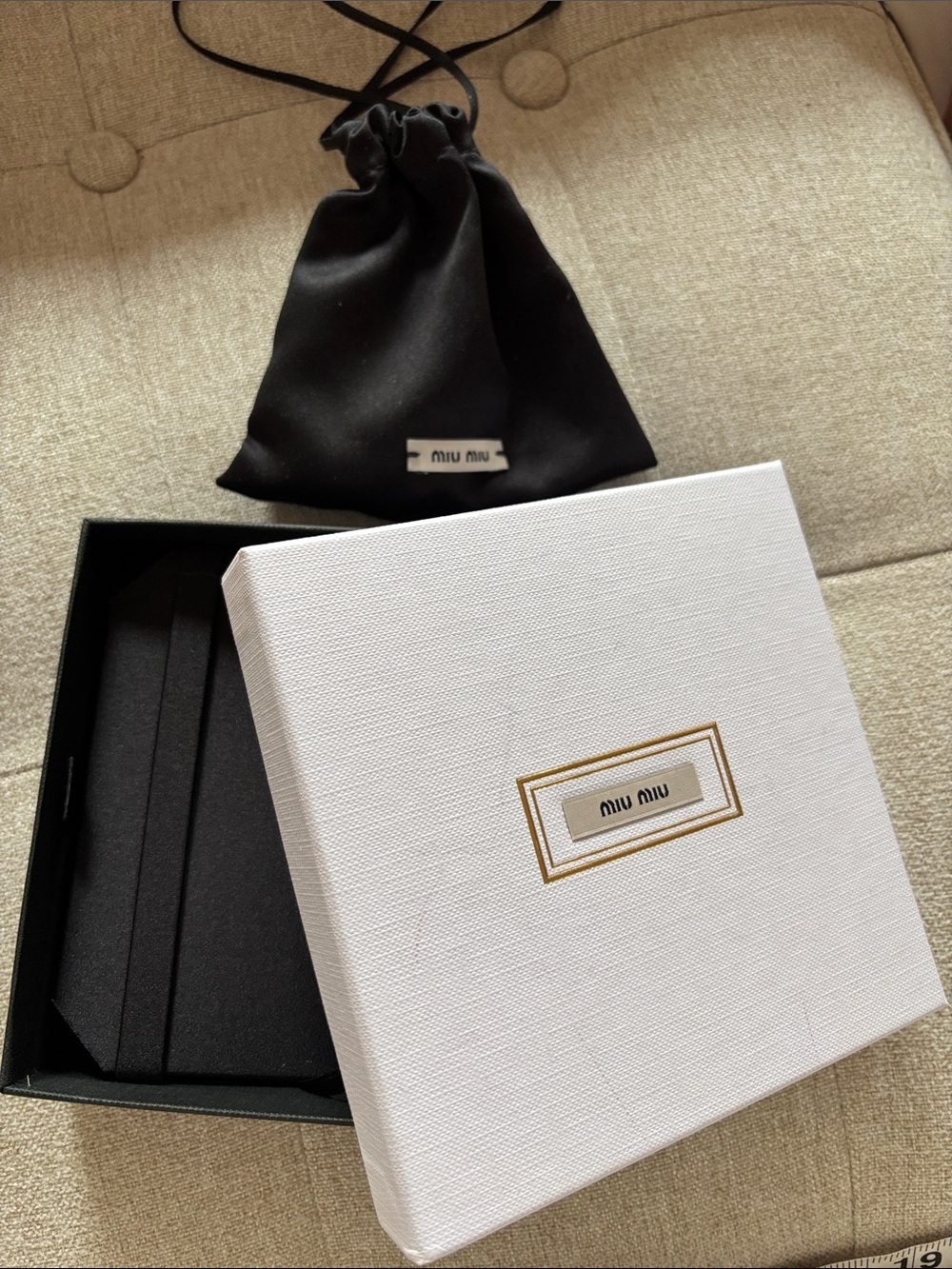 Miu Miu Black Satin Drawstring Pouch with White Branded Gift Box